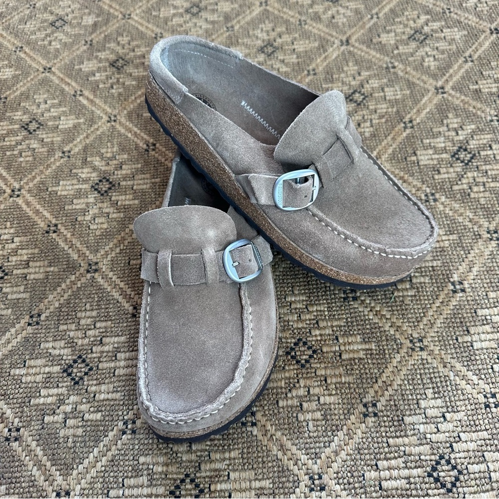 Birkenstock Buckley Taupe Suede Loafers with Buckle Detail
